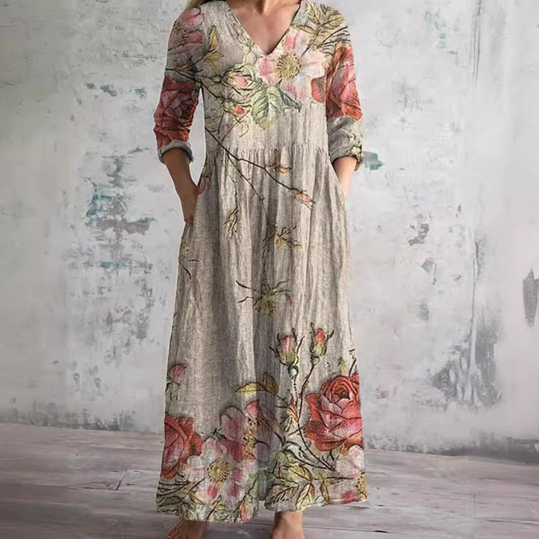 Rosa | Vintage Floral V Neck 3/4 Sleeve Boho Maxi Dress