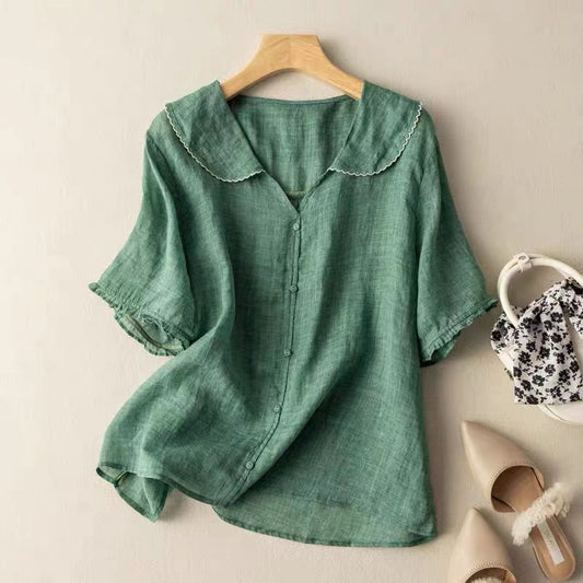 Vivian | Peter Pan Collar Puff Sleeve Cotton Linen Blend Blouse