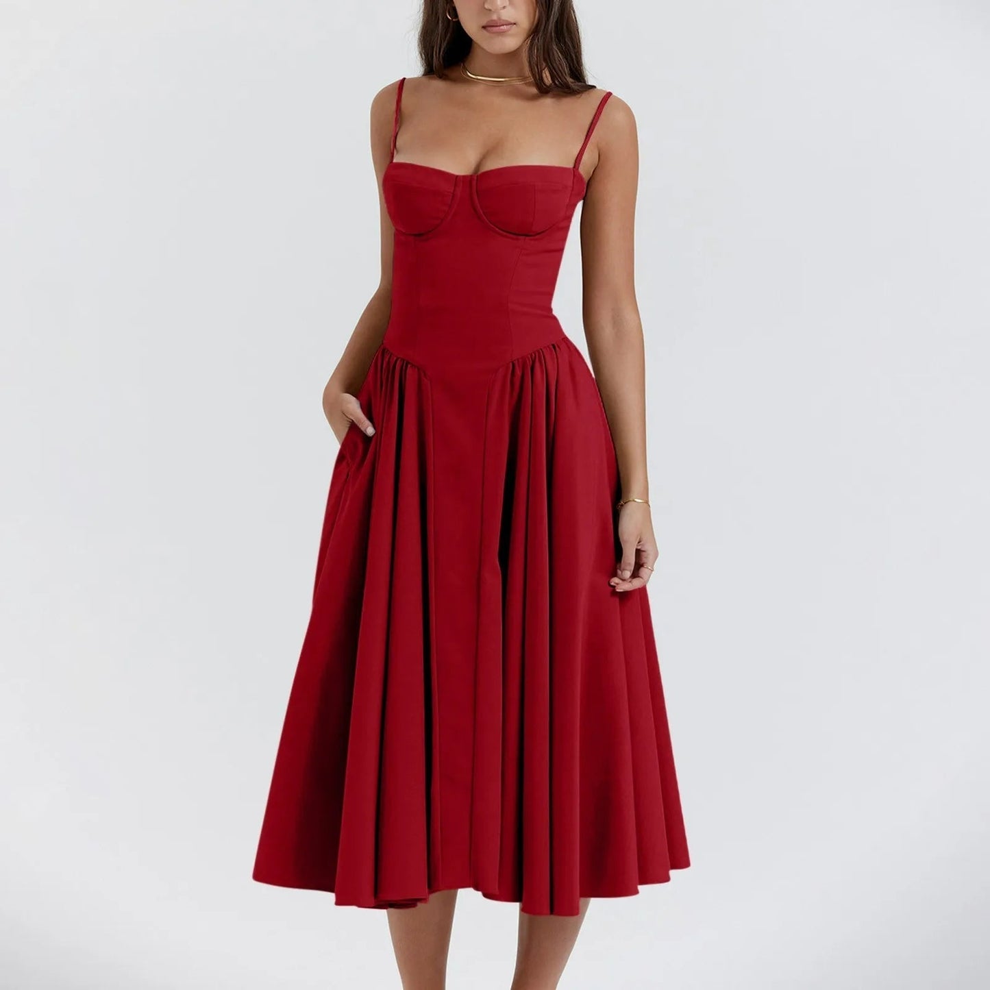 Odette | Corset Bustier Spaghetti Strap Pleated Full Skirt Midi Wedding Guest Dress
