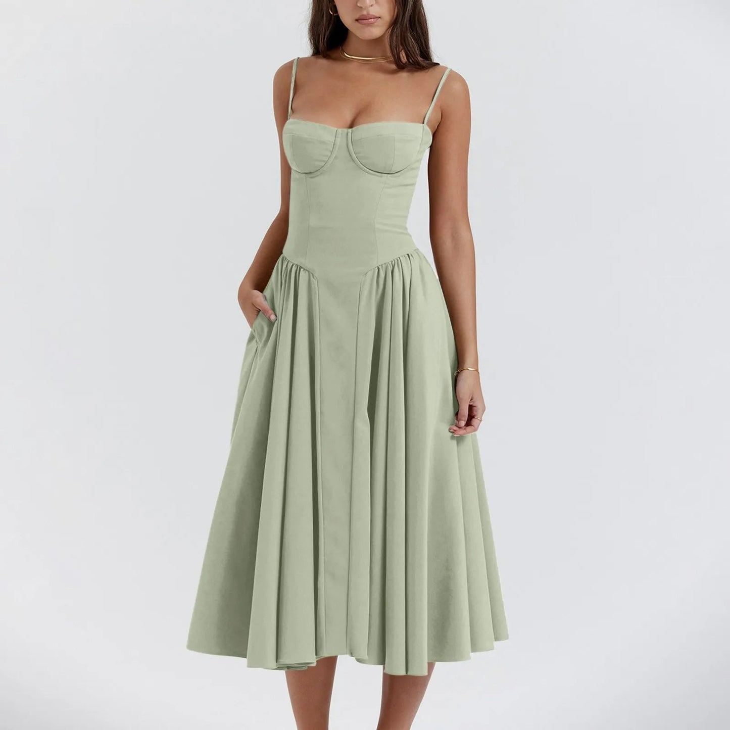 Odette | Corset Bustier Spaghetti Strap Pleated Full Skirt Midi Wedding Guest Dress