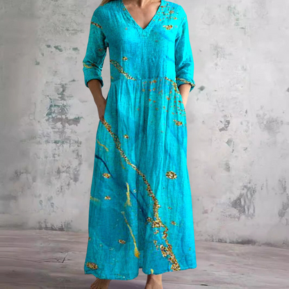 Rosa | Vintage Floral V Neck 3/4 Sleeve Boho Maxi Dress