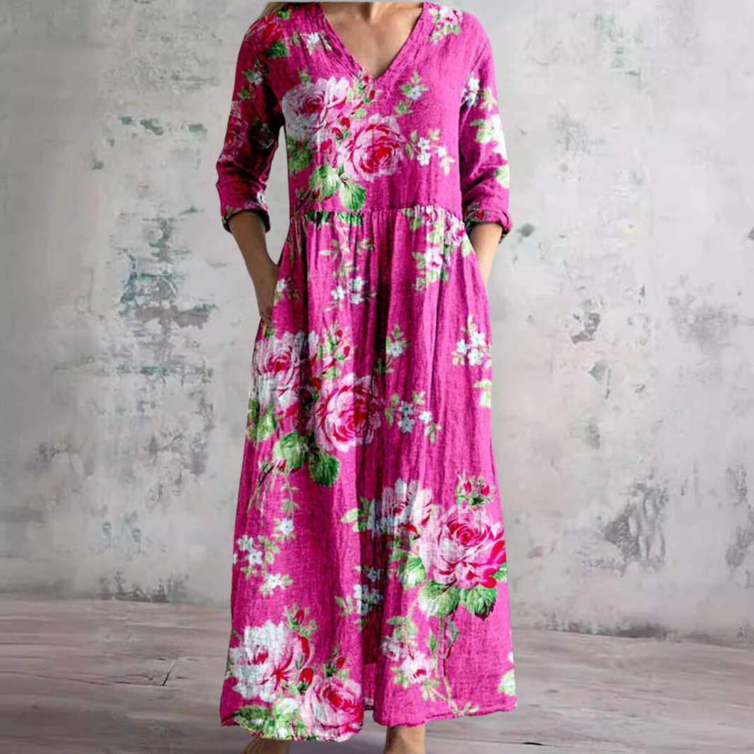 Rosa | Vintage Floral V Neck 3/4 Sleeve Boho Maxi Dress