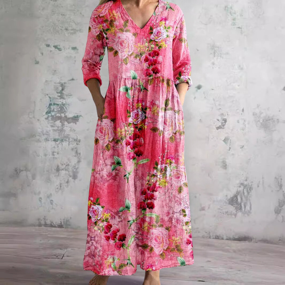Rosa | Vintage Floral V Neck 3/4 Sleeve Boho Maxi Dress