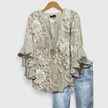 Saryphiah | Floral Print Ruffle Sleeve V Neck Casual Blouse