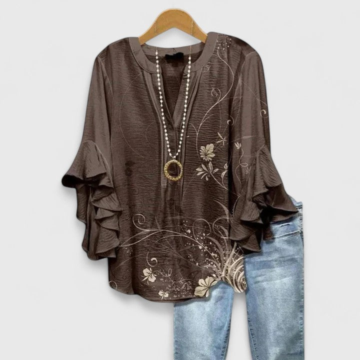 Saryphiah | Floral Print Ruffle Sleeve V Neck Casual Blouse