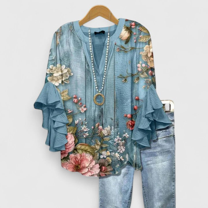 Saryphiah | Floral Print Ruffle Sleeve V Neck Casual Blouse