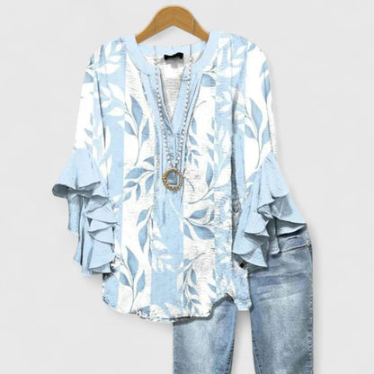 Saryphiah | Floral Print Ruffle Sleeve V Neck Casual Blouse