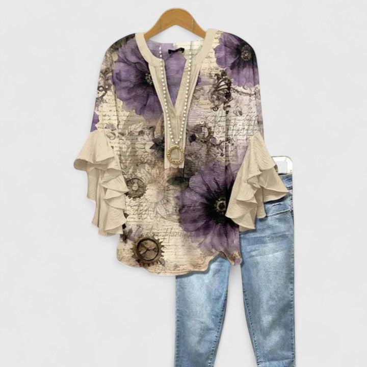 Saryphiah | Floral Print Ruffle Sleeve V Neck Casual Blouse