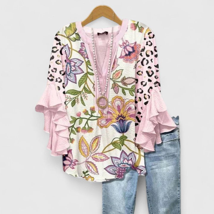 Saryphiah | Floral Print Ruffle Sleeve V Neck Casual Blouse