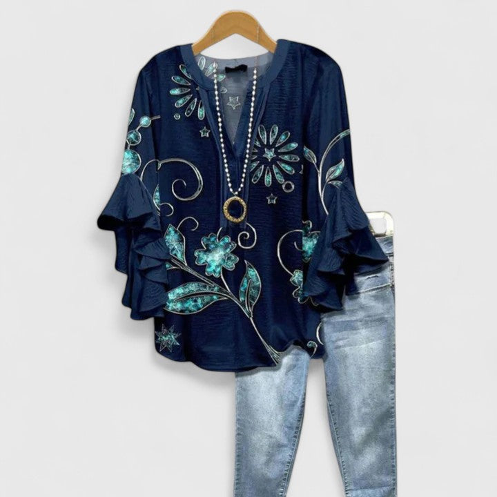 Saryphiah | Floral Print Ruffle Sleeve V Neck Casual Blouse