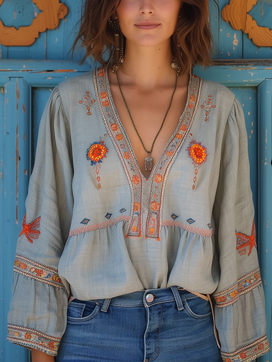 Denise | Embroidered V Neck Flare Sleeve Boho Blouse