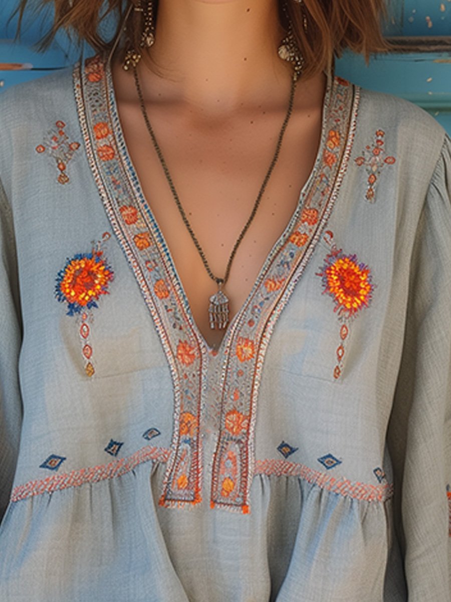 Denise | Embroidered V Neck Flare Sleeve Boho Blouse