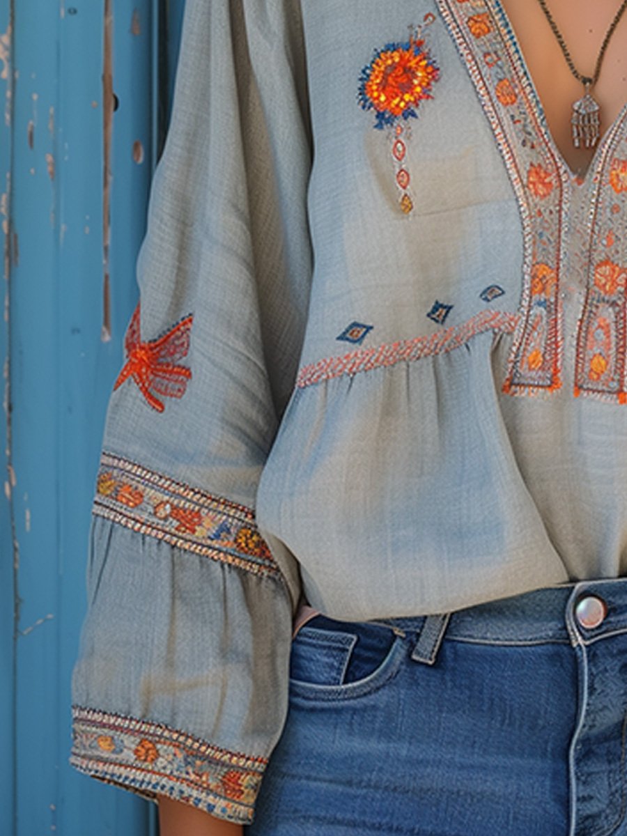 Denise | Embroidered V Neck Flare Sleeve Boho Blouse
