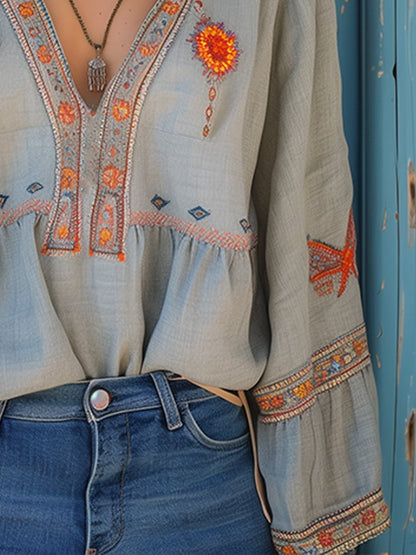 Denise | Embroidered V Neck Flare Sleeve Boho Blouse