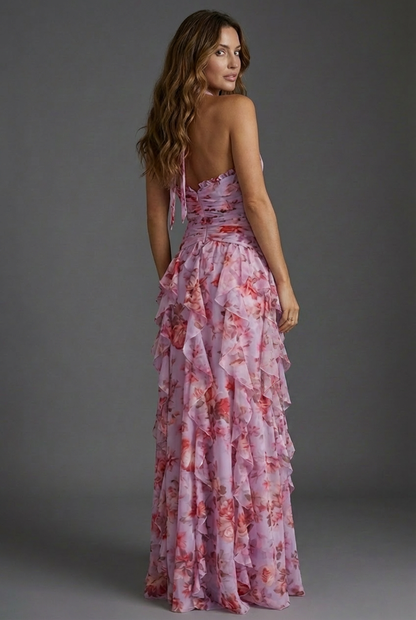 Arabella | Women's Floral Halter Ruffle Chiffon Maxi Dress
