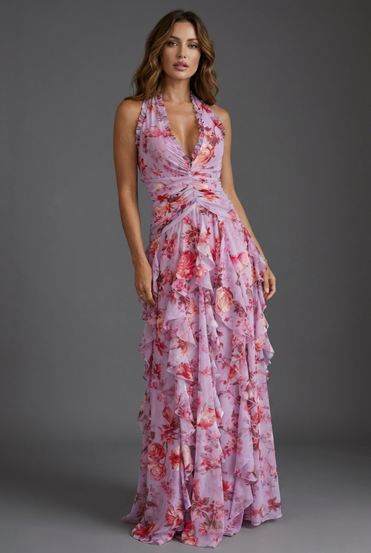 Arabella | Women's Floral Halter Ruffle Chiffon Maxi Dress