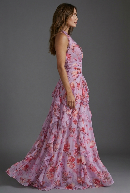 Arabella | Women's Floral Halter Ruffle Chiffon Maxi Dress