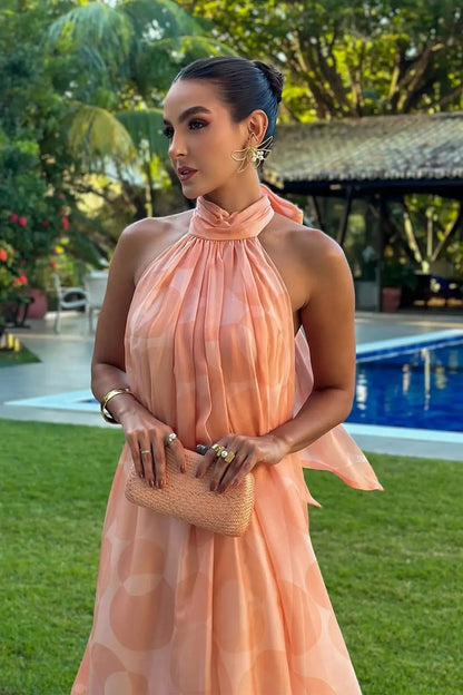 Peach | Printed Halter Neck Tiered Ruffle Hem Flowing Maxi Wedding Guest Dress