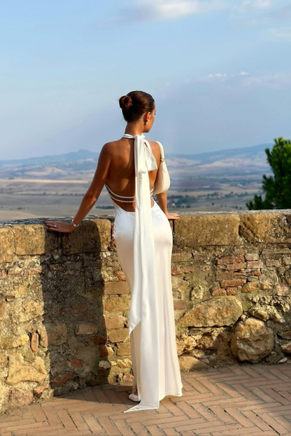Pearl | Halter Neck Open Back Bodycon Satin Maxi Dress