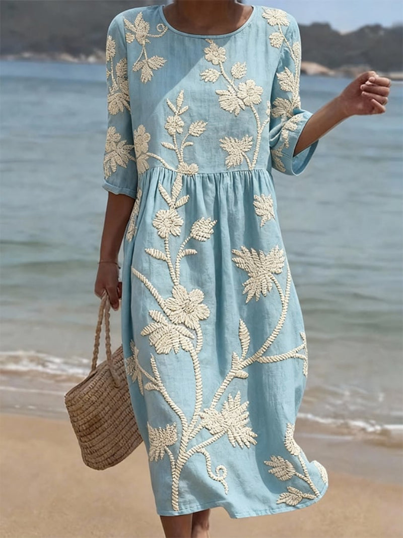 Saffron | Women's Floral Embroidered Cotton Linen Blend Casual Summer Midi Dress