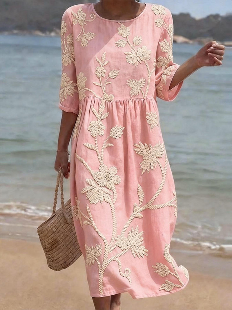 Saffron | Women's Floral Embroidered Cotton Linen Blend Casual Summer Midi Dress