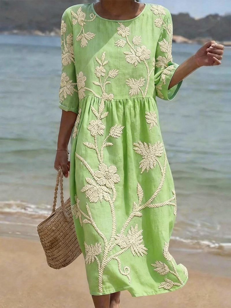 Saffron | Women's Floral Embroidered Cotton Linen Blend Casual Summer Midi Dress