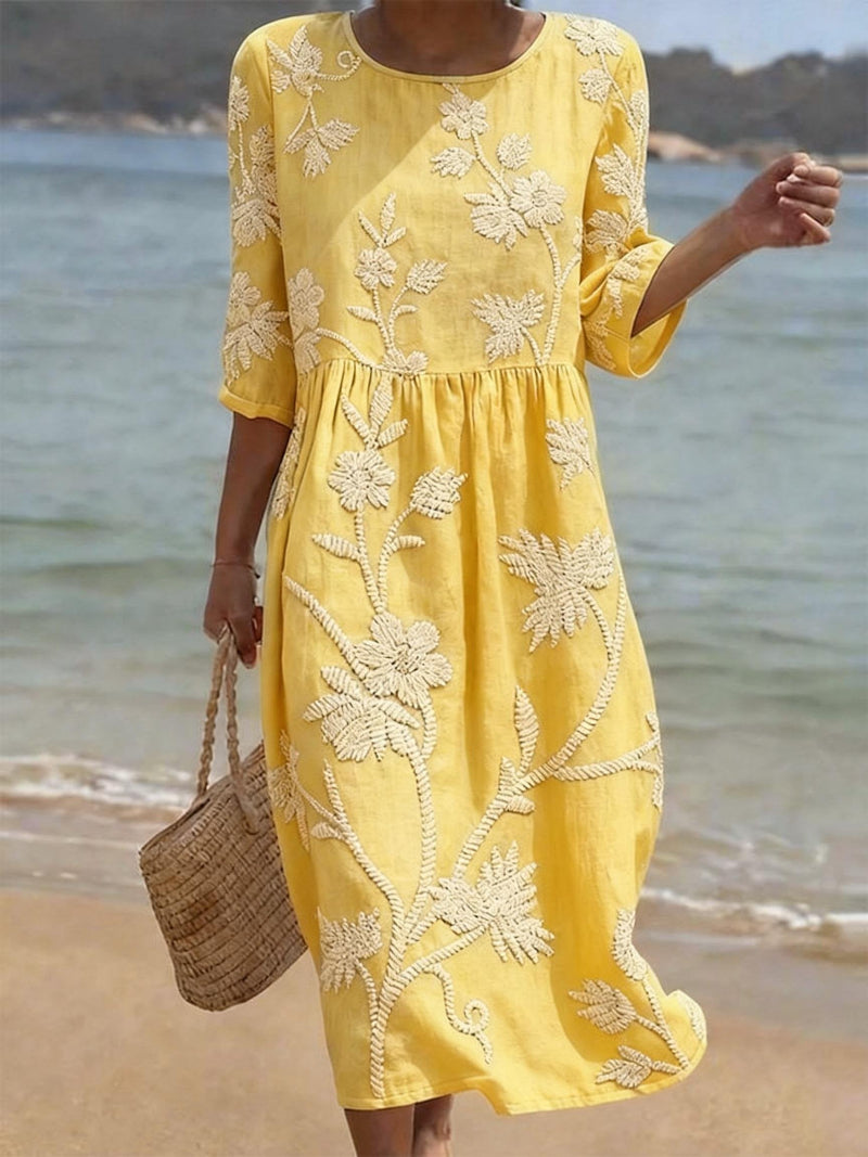 Saffron | Women's Floral Embroidered Cotton Linen Blend Casual Summer Midi Dress
