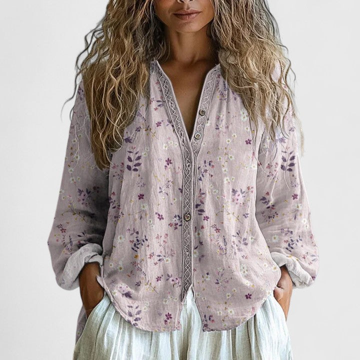 Mykayla | V Neck Long Sleeve Contrast Trim Printed Boho Linen Blouse