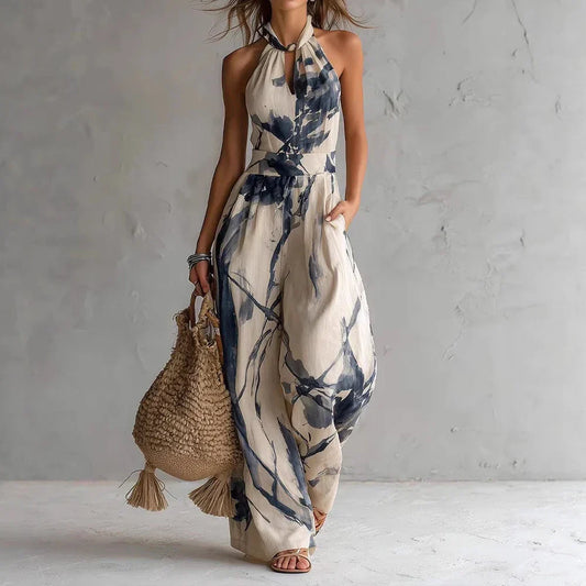 Aria | Women's Halter Neck Abstract Print Boho Wide Leg Jumpsuit