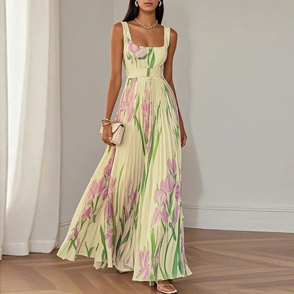 Iris | Floral Square Neck Pleated A Line Maxi Wedding Guest Dress