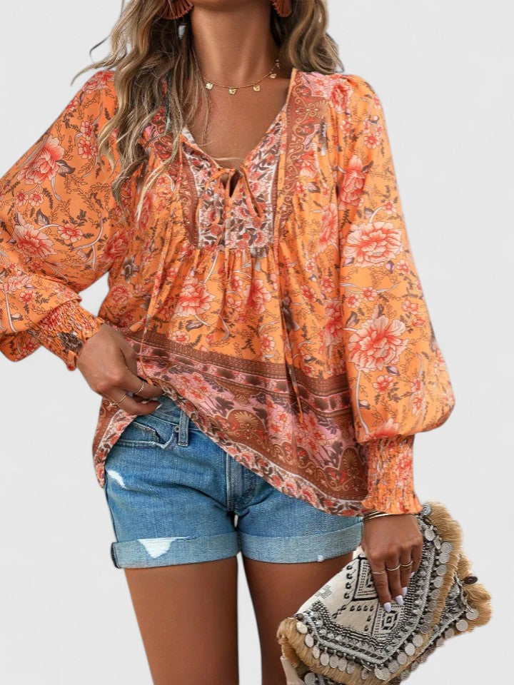 Wren | Puff Sleeve Boho Floral Print Tie Neck Smocked Blouse