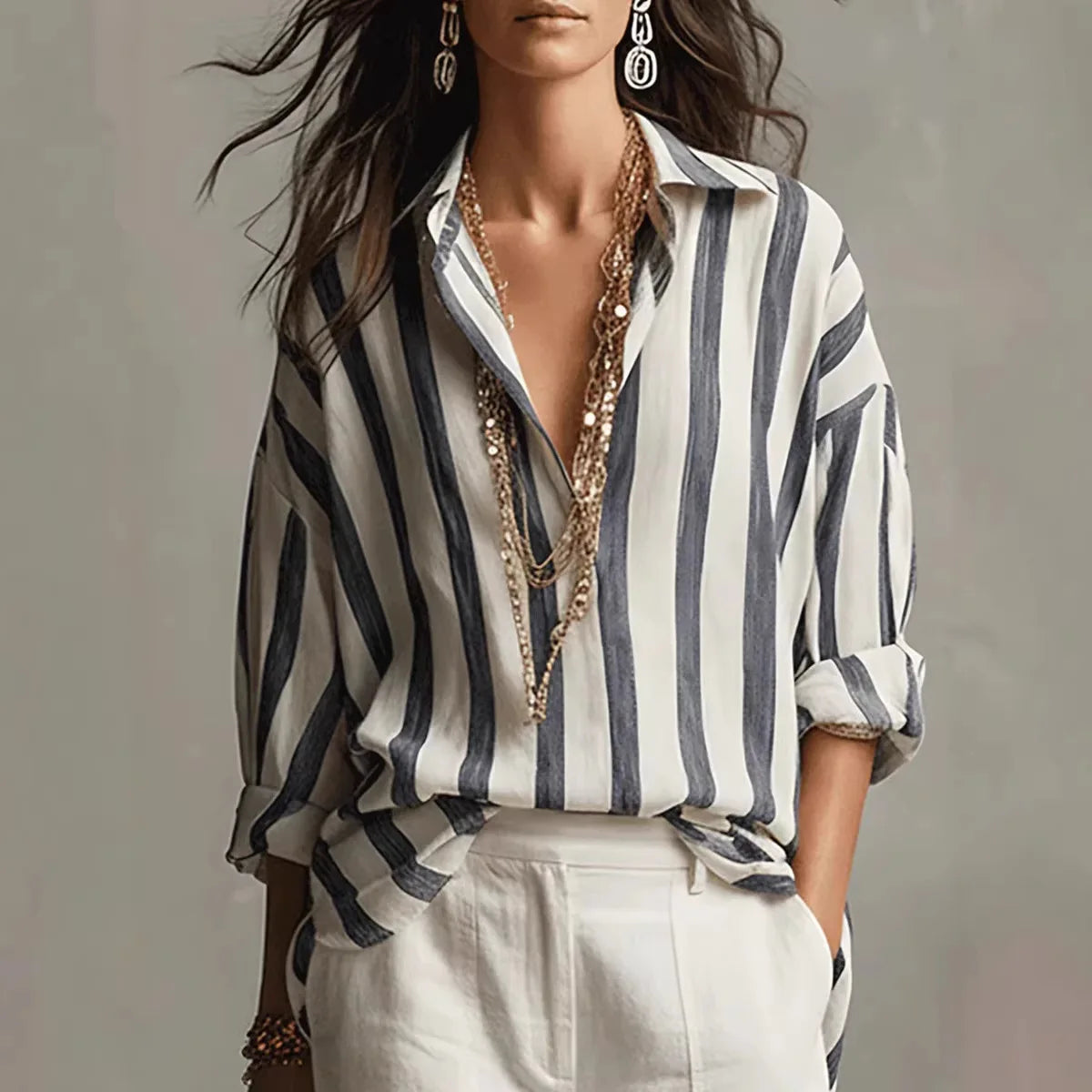 Amaris | Linen Blend Striped Lapel Collar Long Sleeve Oversized Blouse