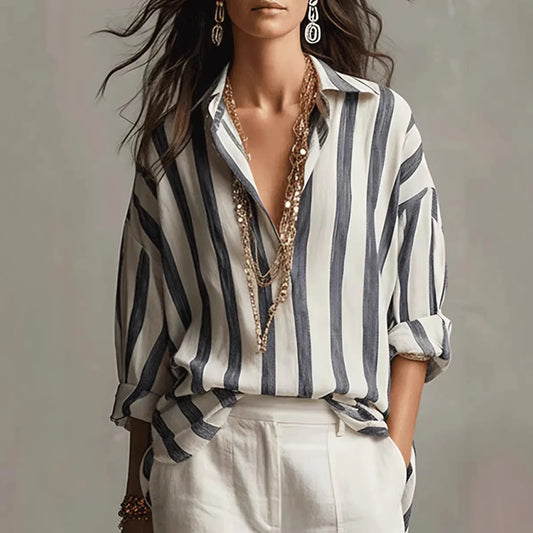 Amaris | Linen Blend Striped Lapel Collar Long Sleeve Oversized Blouse