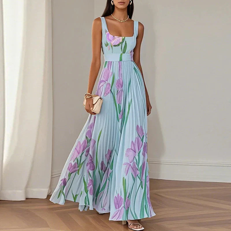 Iris | Floral Square Neck Pleated A Line Maxi Wedding Guest Dress