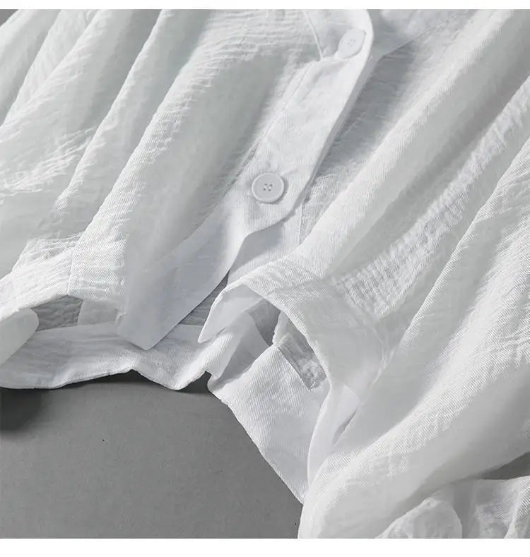Eliana | Cropped Linen Blend V Neck Single Button Puff Sleeve Blouse
