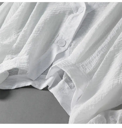 Eliana | Cropped Linen Blend V Neck Single Button Puff Sleeve Blouse