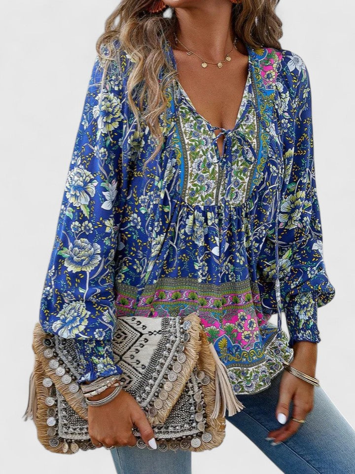 Wren | Puff Sleeve Boho Floral Print Tie Neck Smocked Blouse