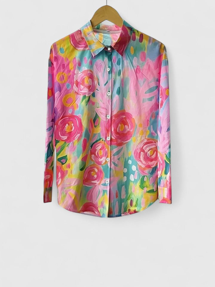 Anica | Floral Print Button Down Collared Long Sleeve Casual Blouse