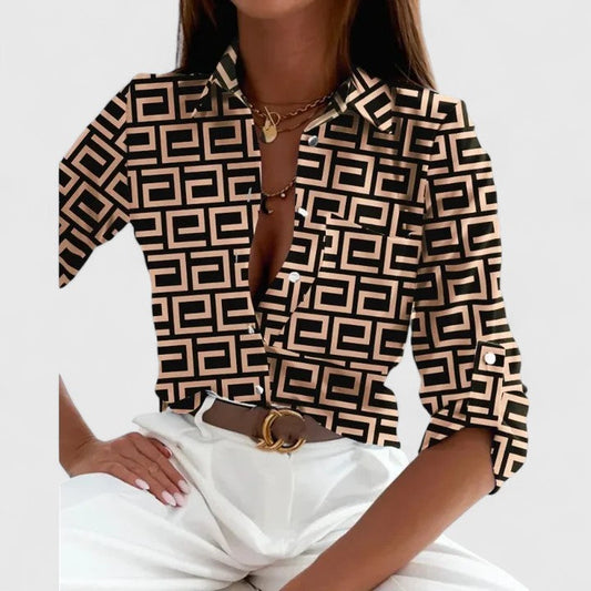 Lisette | Geometric Print Lapel Collar Long Sleeve Casual Blouse
