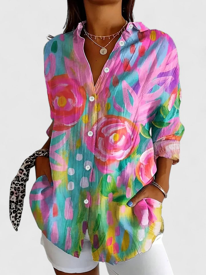 Anica | Floral Print Button Down Collared Long Sleeve Casual Blouse