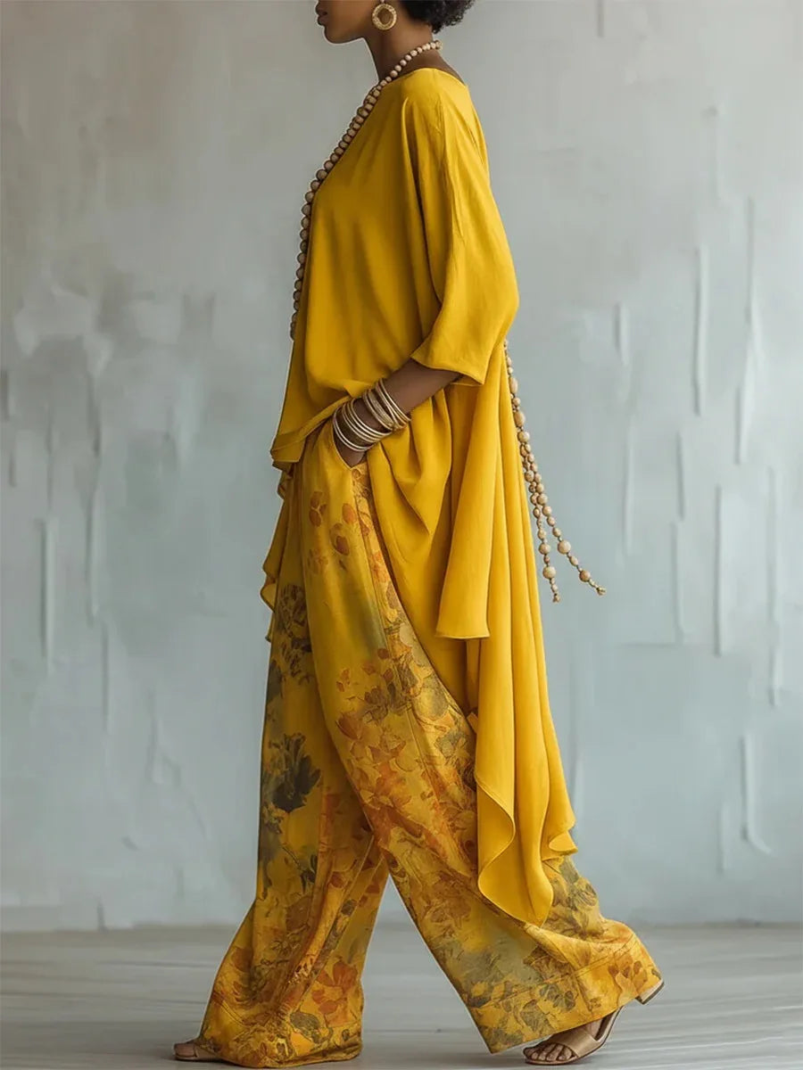 Harper | Women's Floral Print Asymmetrical Boho Wide Leg Pant Set