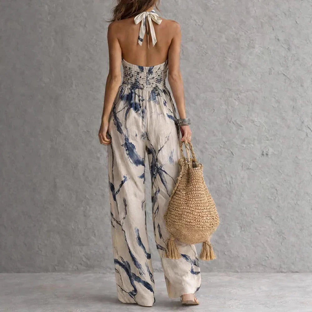 Aria | Women's Halter Neck Abstract Print Boho Wide Leg Jumpsuit