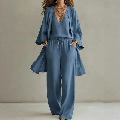Bailey | Women's Linen Blend Cardigan Wide Leg Three Piece Set