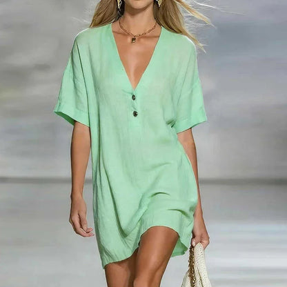 Liora | Linen Blend V Neck Short Sleeve Tunic Top
