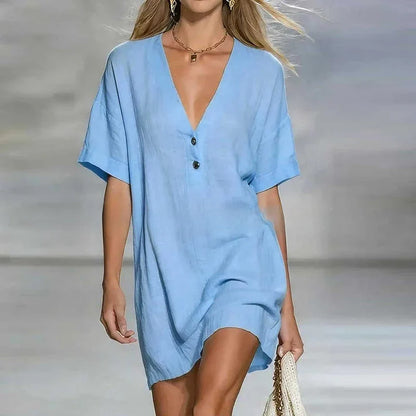 Liora | Linen Blend V Neck Short Sleeve Tunic Top