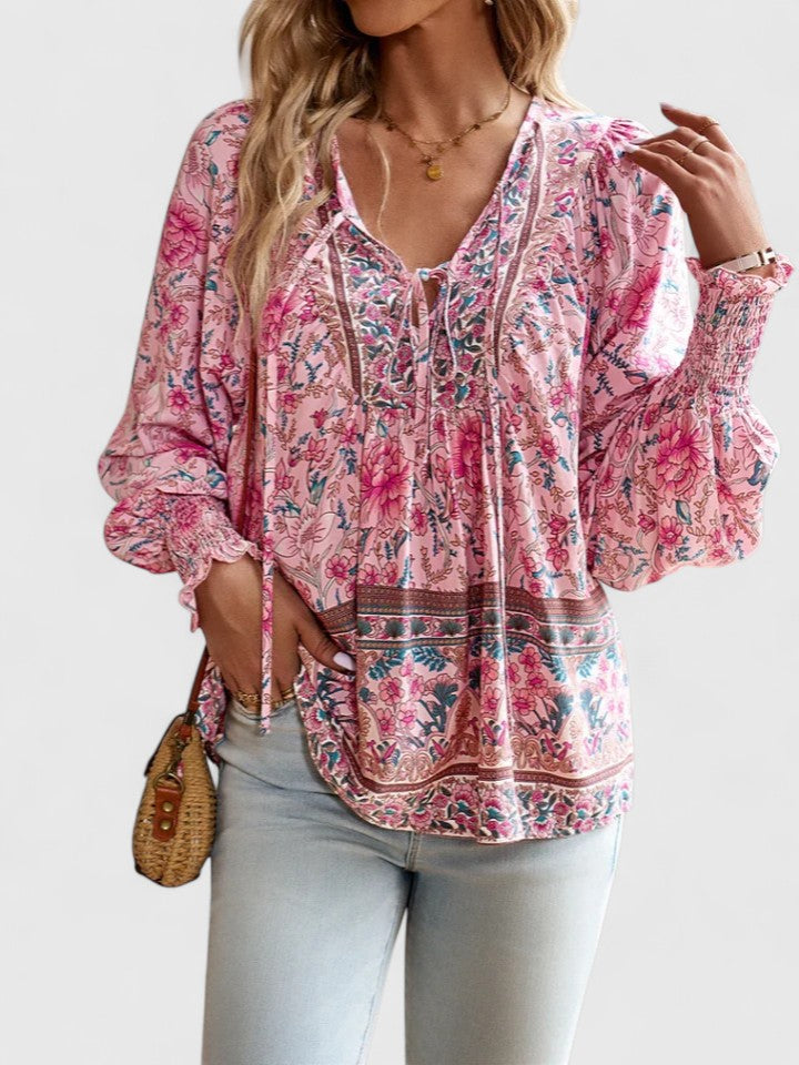 Wren | Puff Sleeve Boho Floral Print Tie Neck Smocked Blouse