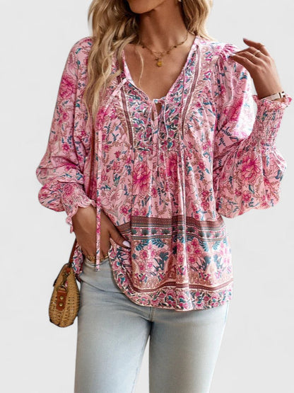Wren | Puff Sleeve Boho Floral Print Tie Neck Smocked Blouse