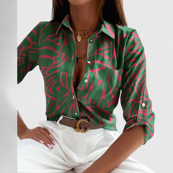 Lisette | Geometric Print Lapel Collar Long Sleeve Casual Blouse