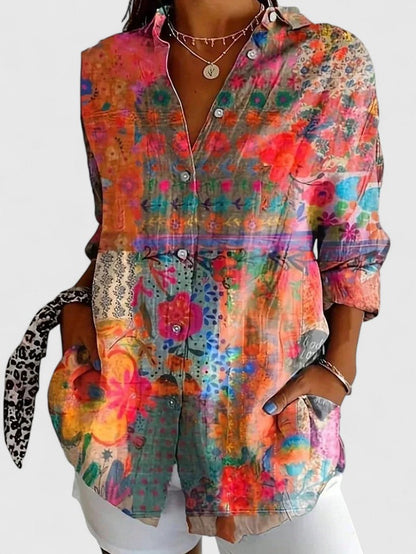 Anica | Floral Print Button Down Collared Long Sleeve Casual Blouse