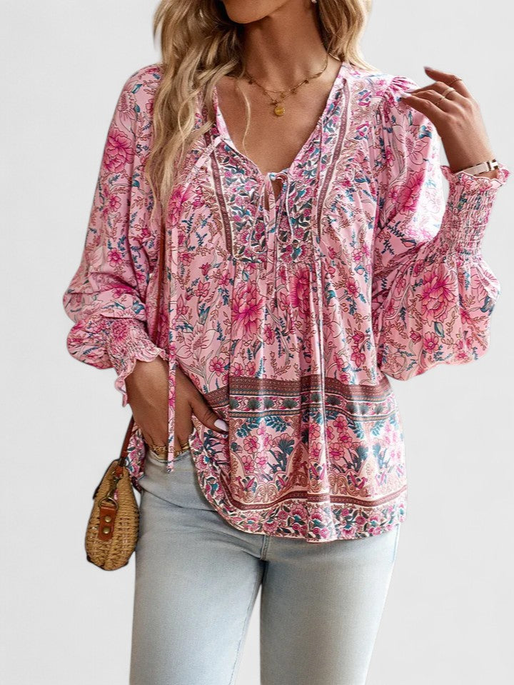 Wren | Puff Sleeve Boho Floral Print Tie Neck Smocked Blouse